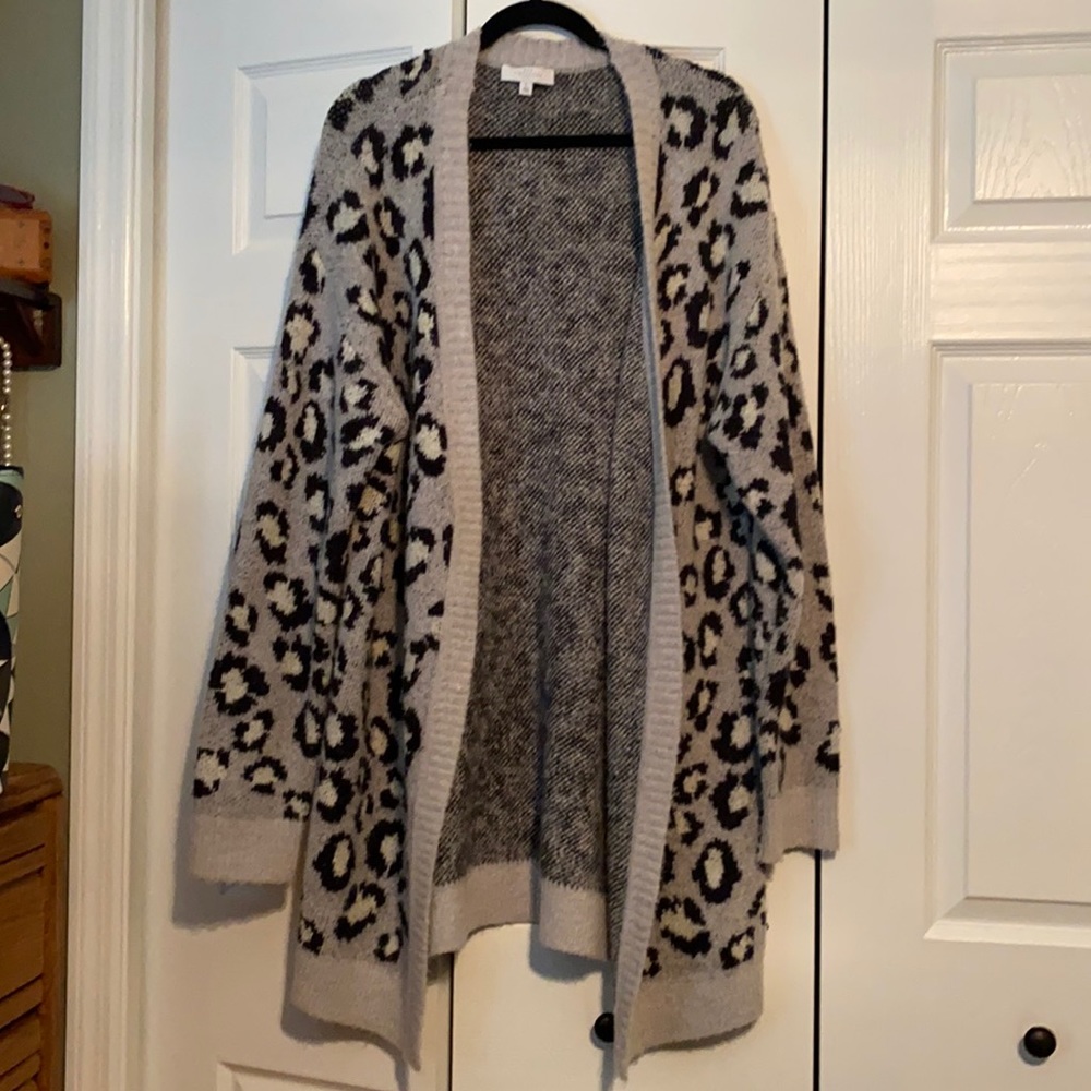 Oversized Gray Leopard Duster Sweater Cardigan